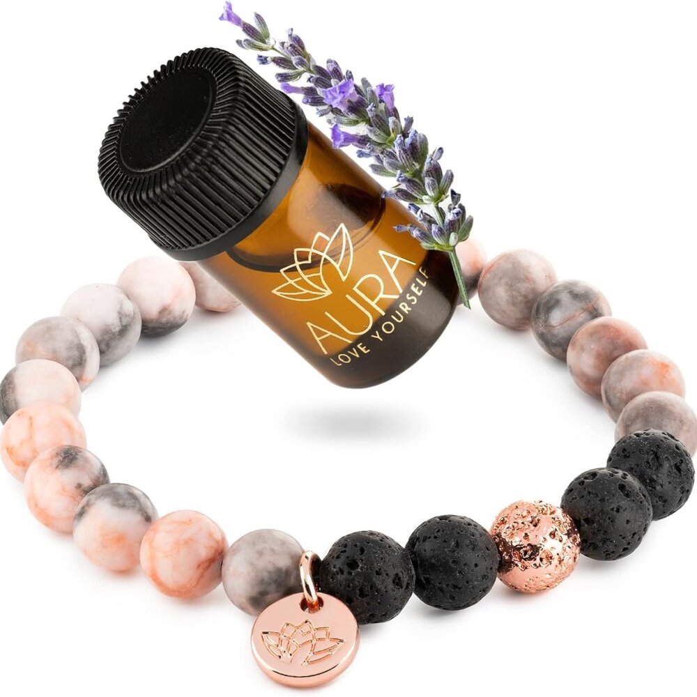 Lava Rock Beaded Diffuser Bracelet for Women with Lavender Essential Oil and 18K